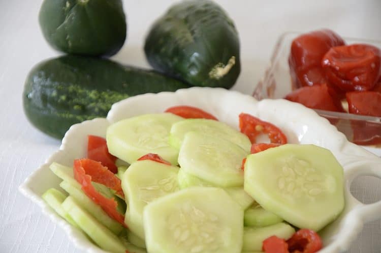 Crispy cucumber salad with sweet pepper in rice wine vinegar dressing.