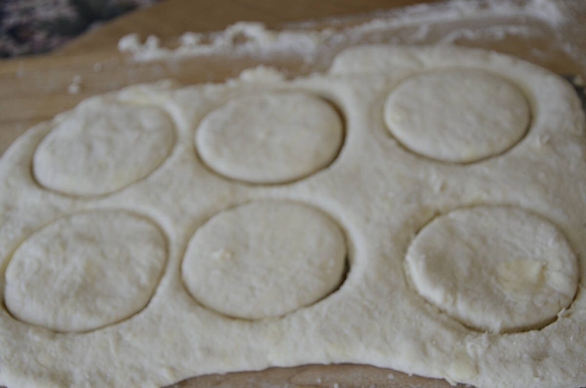 Buttermilk biscout dough rolled in to a rectangle with 6 biscuits cut.