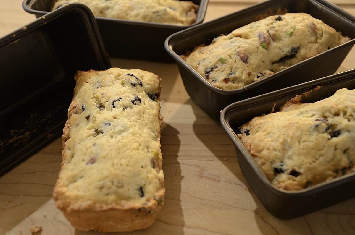 Four mini loaves of thinaddictive cookies after the first bake.