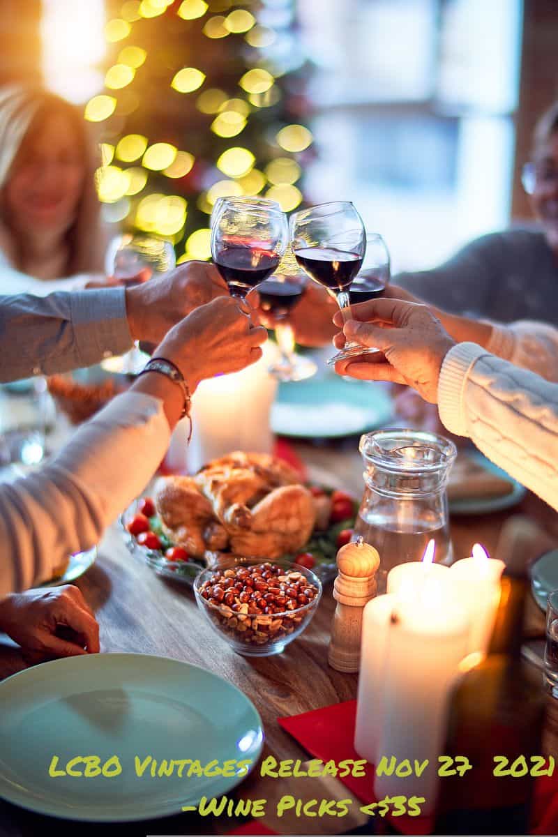 People toasting over a holiday table with the title LCBO Vintages Release Nov 27 2021.