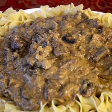 Platter with egg noodles and a mound of saucy beef stroganoff in the center.