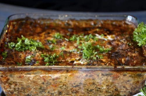 Ottolenghi lasagne in pan fresh out of the oven.