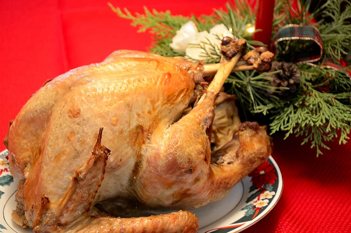 Crispy, golden turkey on a serving platter.