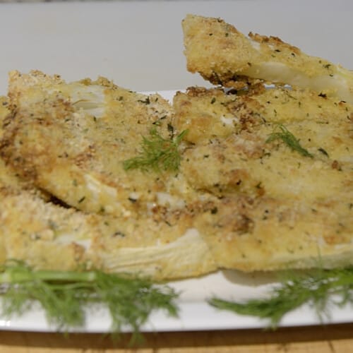 Crispy golden, air fried breaded fennel slices.