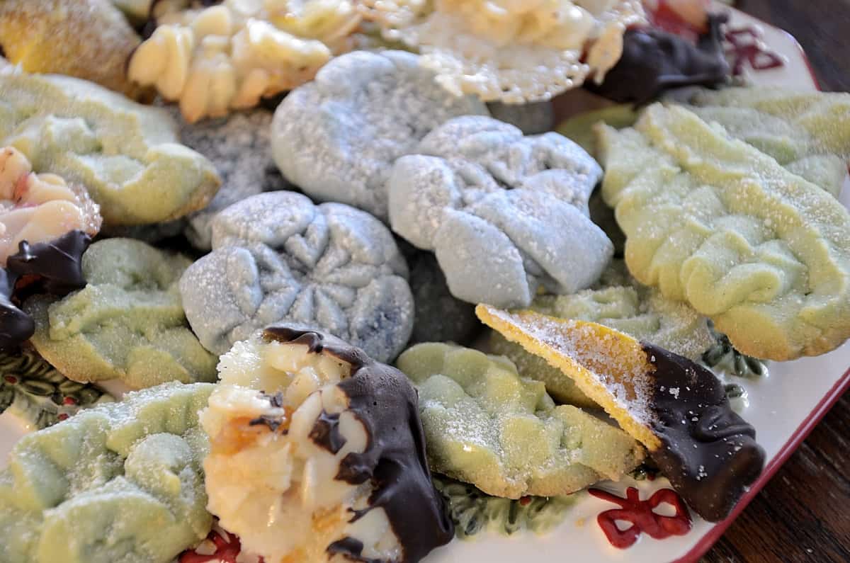 Mixed tray of whipped shortbread cookies, and chocolate dipped florentines.