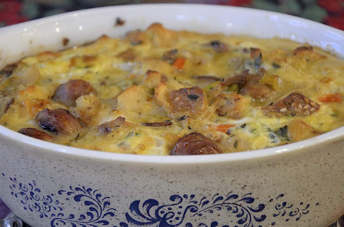 Sausage egg and stuffing bake in a casserole.