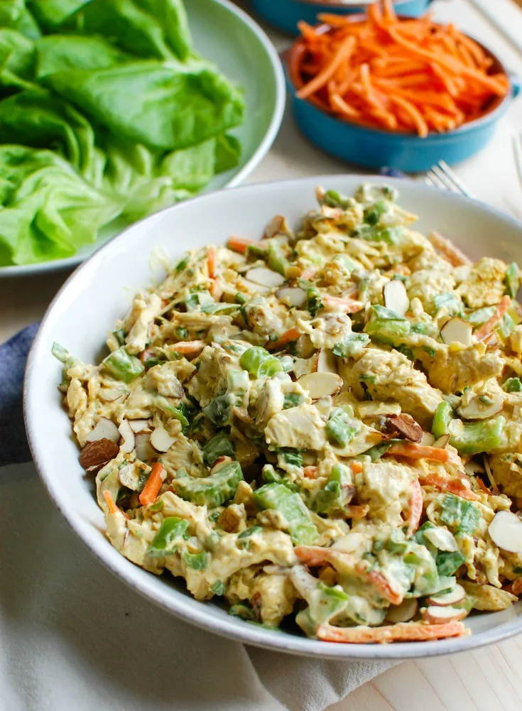Curried chicken salad in a bowl.
