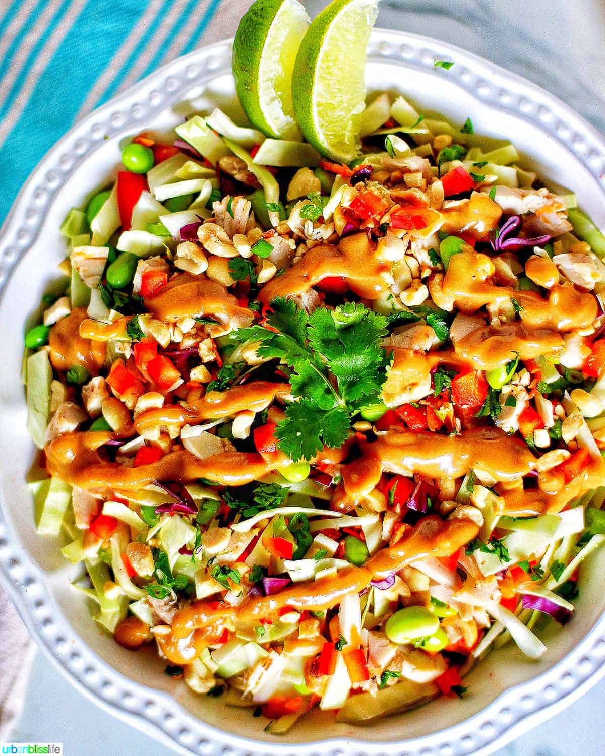 Chicken salad with crunchy vegetables topped with peanut dressing and lime slices.