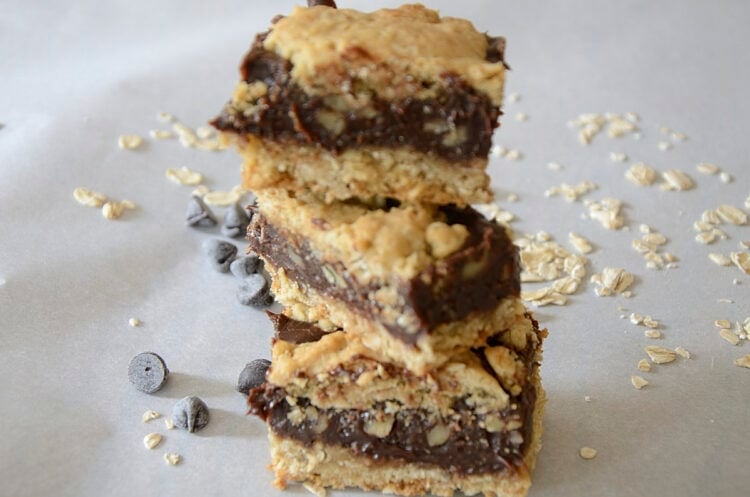 Stack of three, thick Oat Fudge Bar squares.