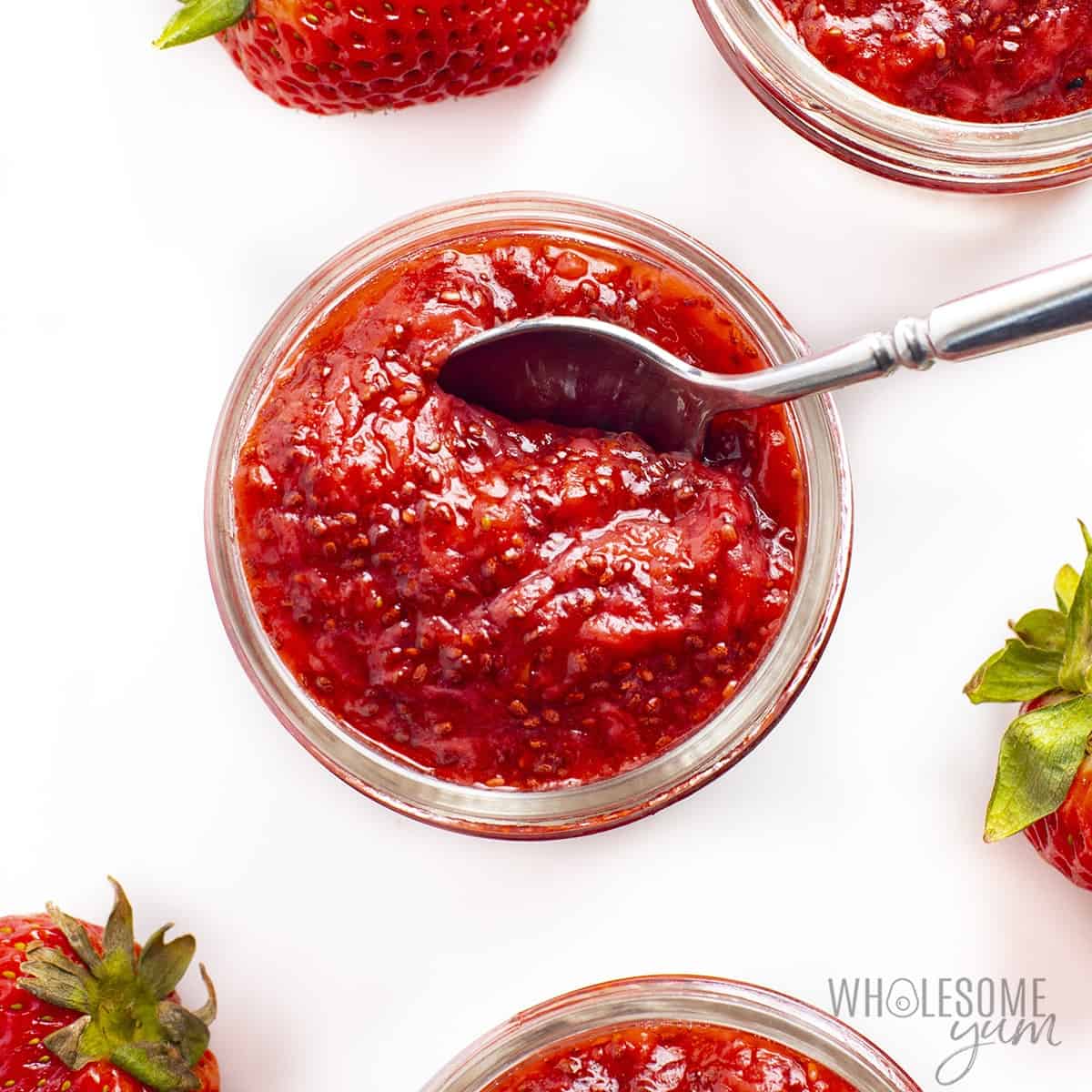 Over view of sugar free strawberry jam mad with chia seeds.