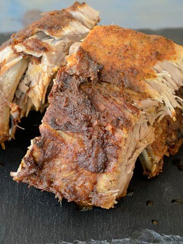 Back ribs baked with rhubarb bourbon BBQ sauce.