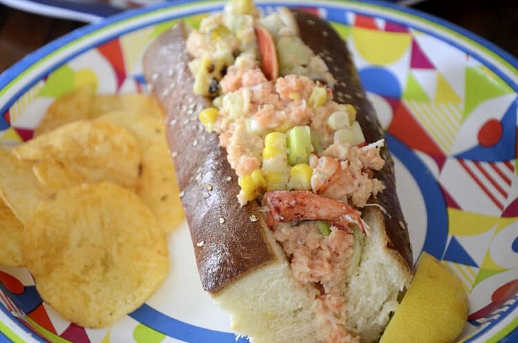 Lobster salad with corn may and grilled corn in a Brioche bun.