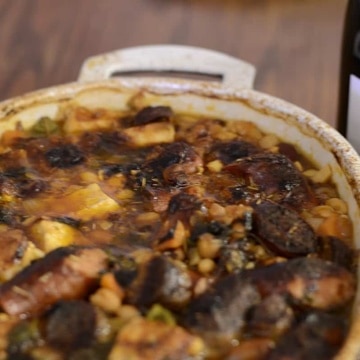 Cassoulet casserole with deep browned topped.