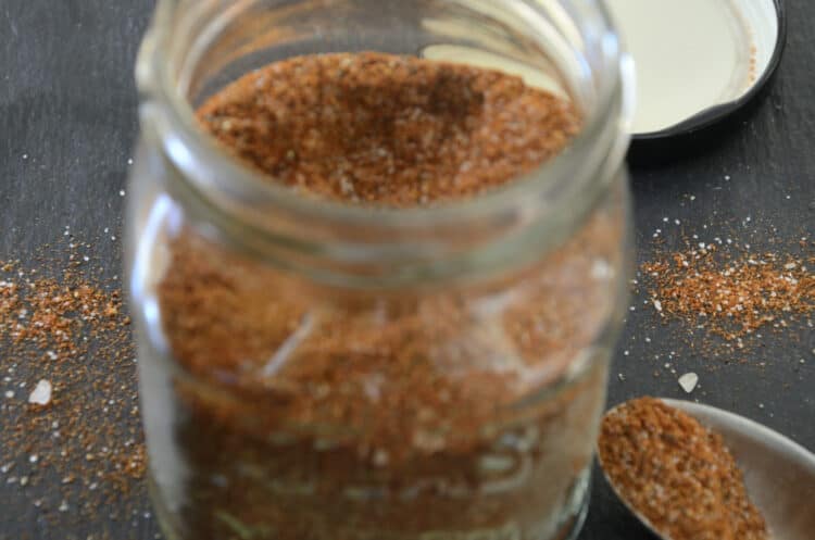 Jar of mix of spices used as dry rub for steak, ribs etc.