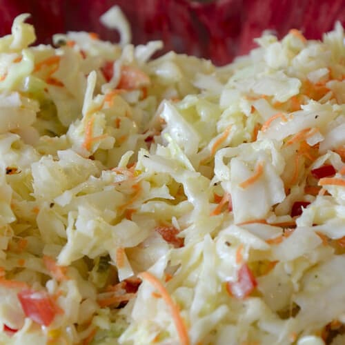 Close up of Dolly Parton Coleslaw with cabbage, onion, carrot and red pepper.