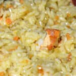 Creamy, sauced seafood risotto interspersed with carrot, celery and lobster.