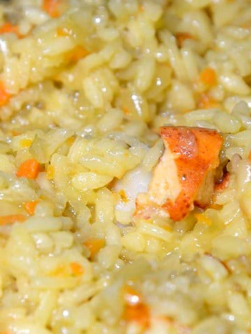 Creamy, sauced seafood risotto interspersed with carrot, celery and lobster.