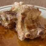 Back ribs in Asian sauce with sesame oil and chili garlic sauce.