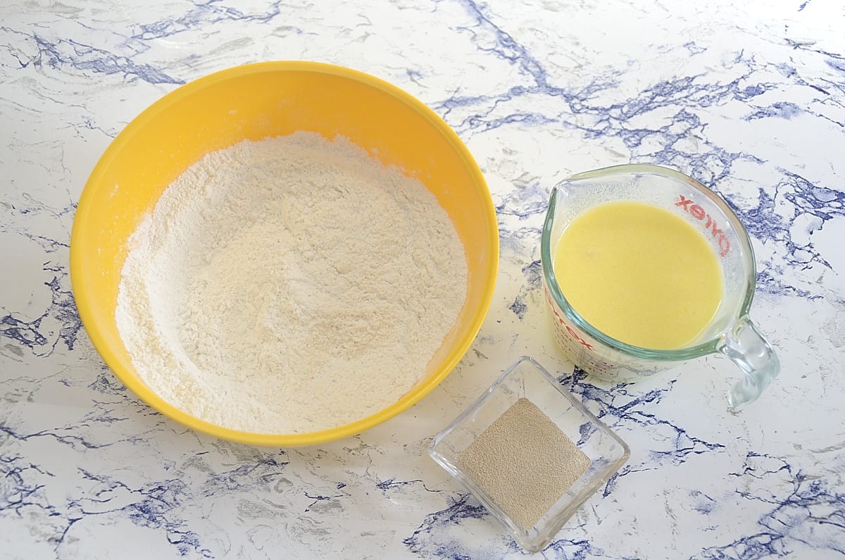 Flour and salt mixed and wet ingredients whisked together.