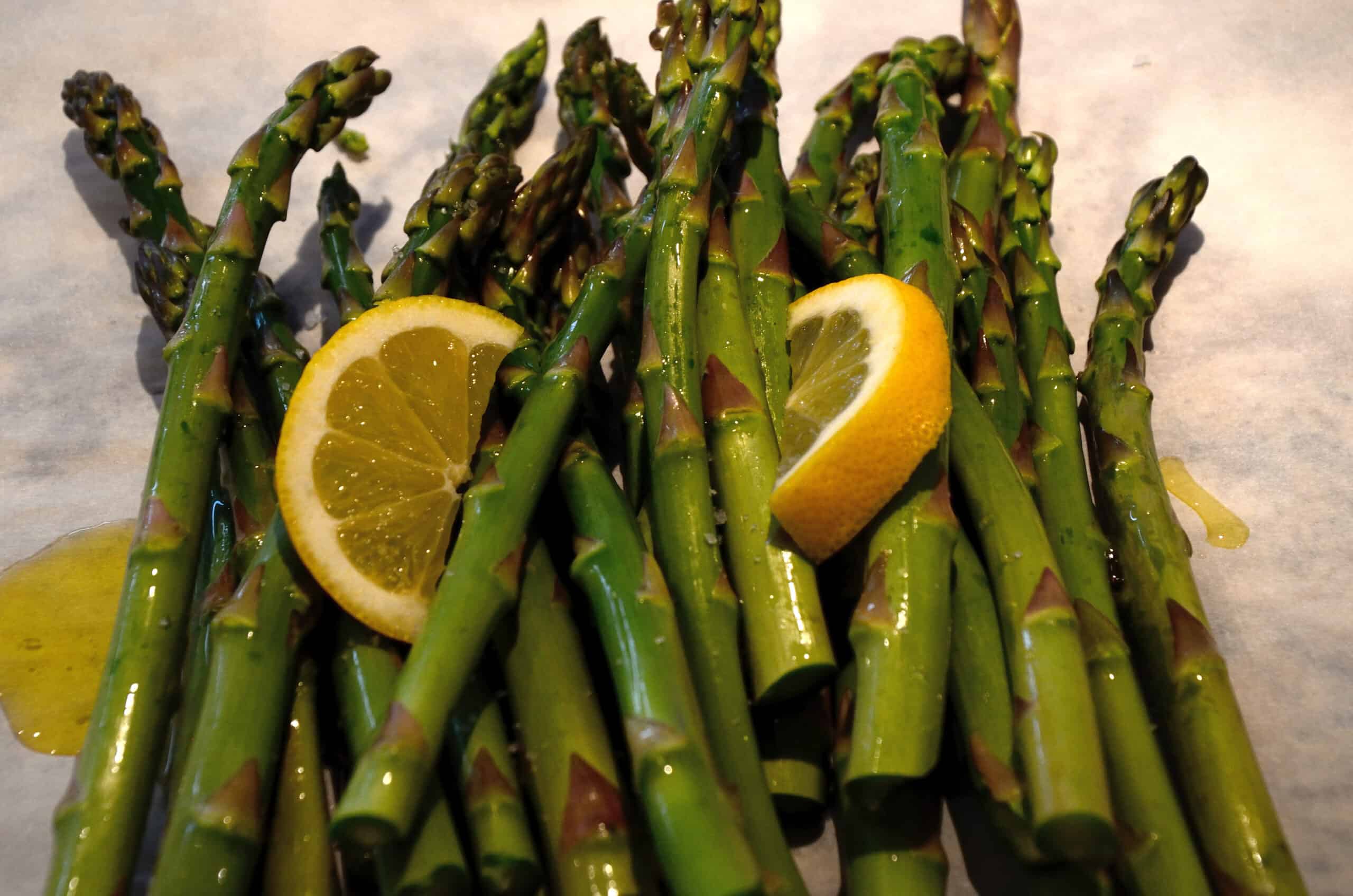 Oven Roasted Asparagus with lemon slices.