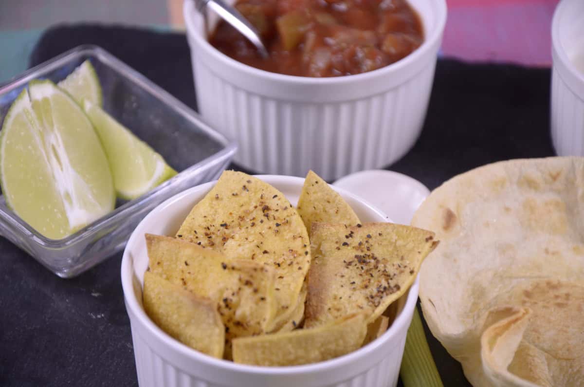 Tortilla chisp and bowl with salsa.